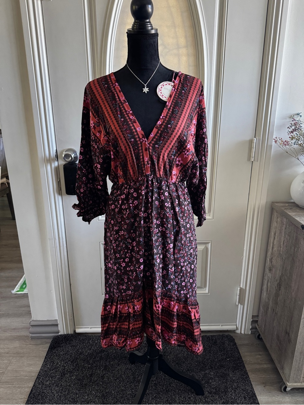 Umgee Burgundy and Pink Floral High-Low Dress
